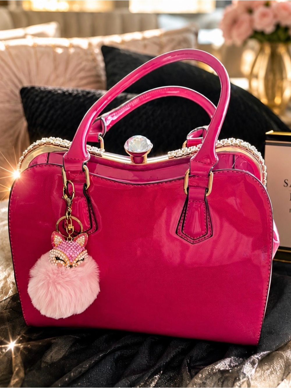 Auth Dolce S Beverly Hills Chic Fuchsia Pink Shoulder Bag with Gold Details